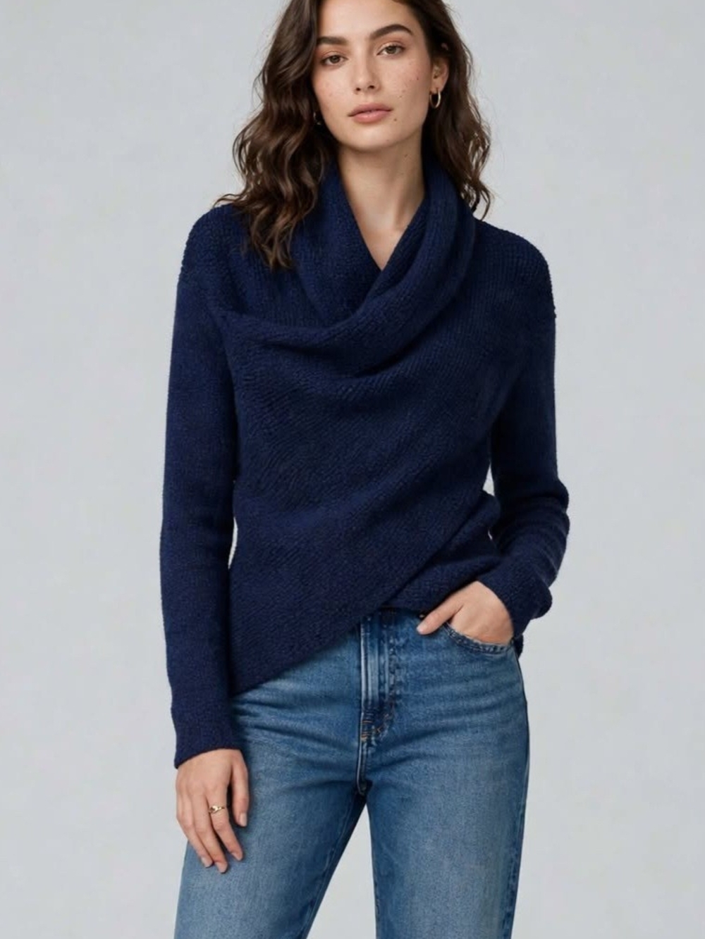 BeBe Navy Draped Cowl-Neck Sweater